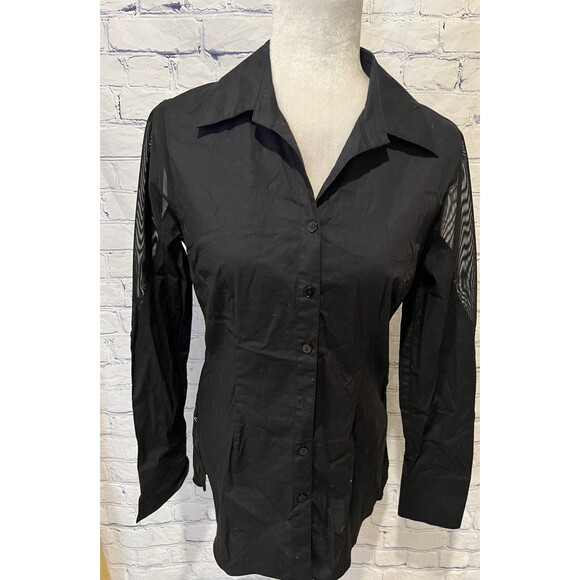 Neiman Marcus Black Cotton Blend Long Sleeve Button Down With Sheer Shoulders S - Picture 1 of 6
